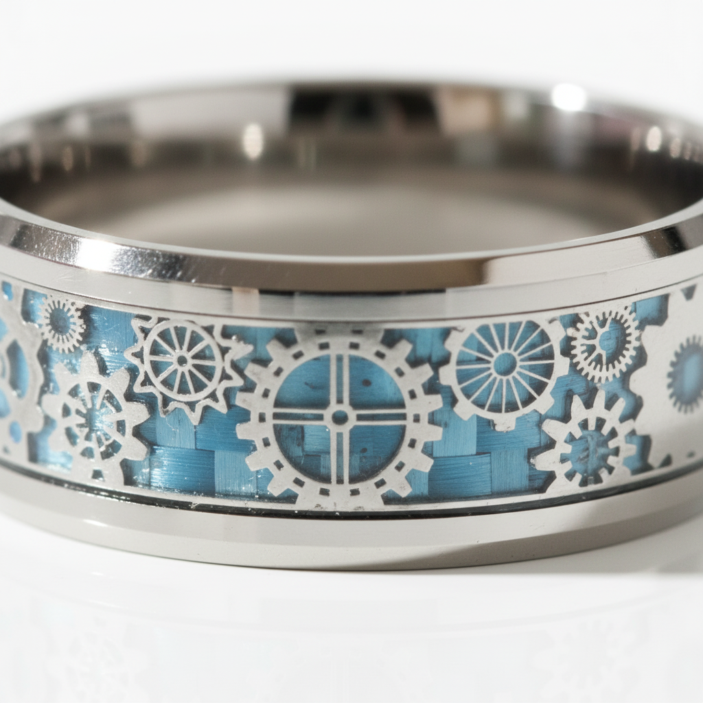 8mm Men's Tungsten Wedding Band with Gear Wheel & Blue Carbon Fiber Inlay-Black Diamonds New York