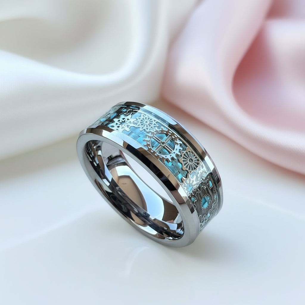 8mm Men's Tungsten Wedding Band with Gear Wheel & Blue Carbon Fiber Inlay-Black Diamonds New York