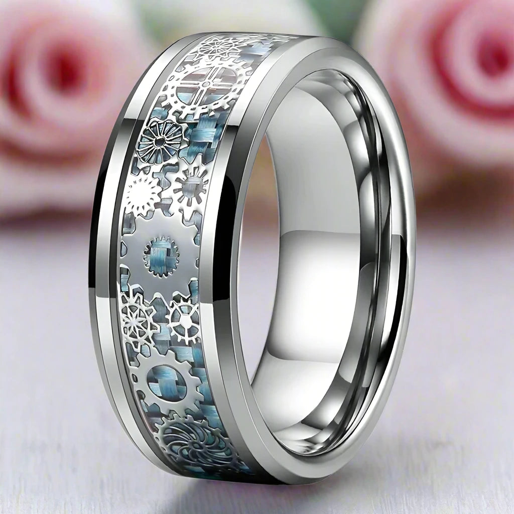 8mm Men's Tungsten Wedding Band with Gear Wheel & Blue Carbon Fiber Inlay-Black Diamonds New York