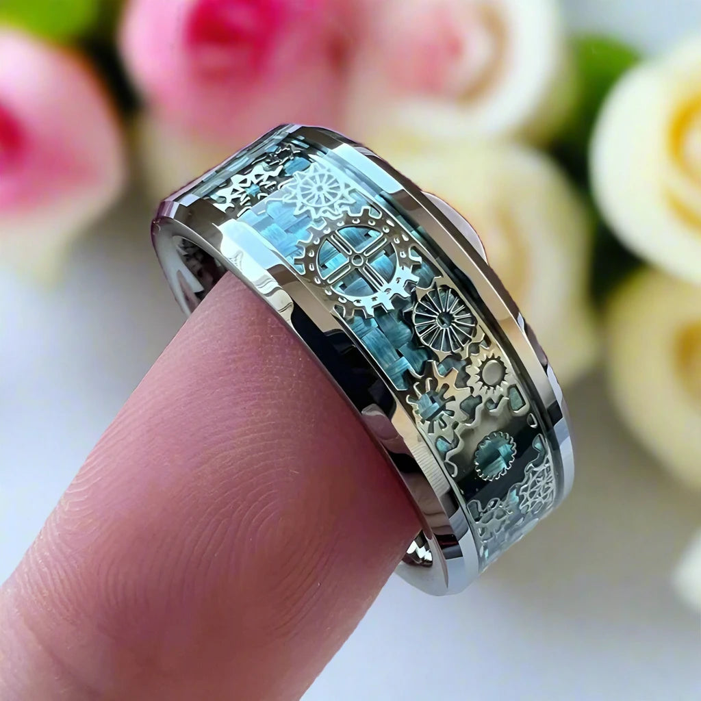 8mm Men's Tungsten Wedding Band with Gear Wheel & Blue Carbon Fiber Inlay-Black Diamonds New York