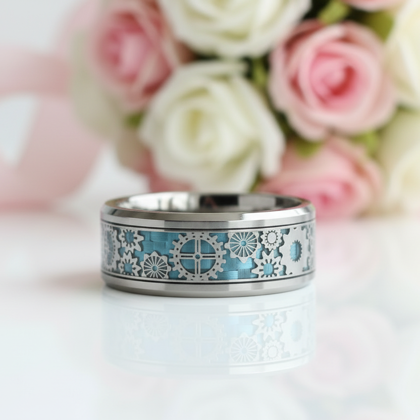 8mm Men's Tungsten Wedding Band with Gear Wheel & Blue Carbon Fiber Inlay-Black Diamonds New York