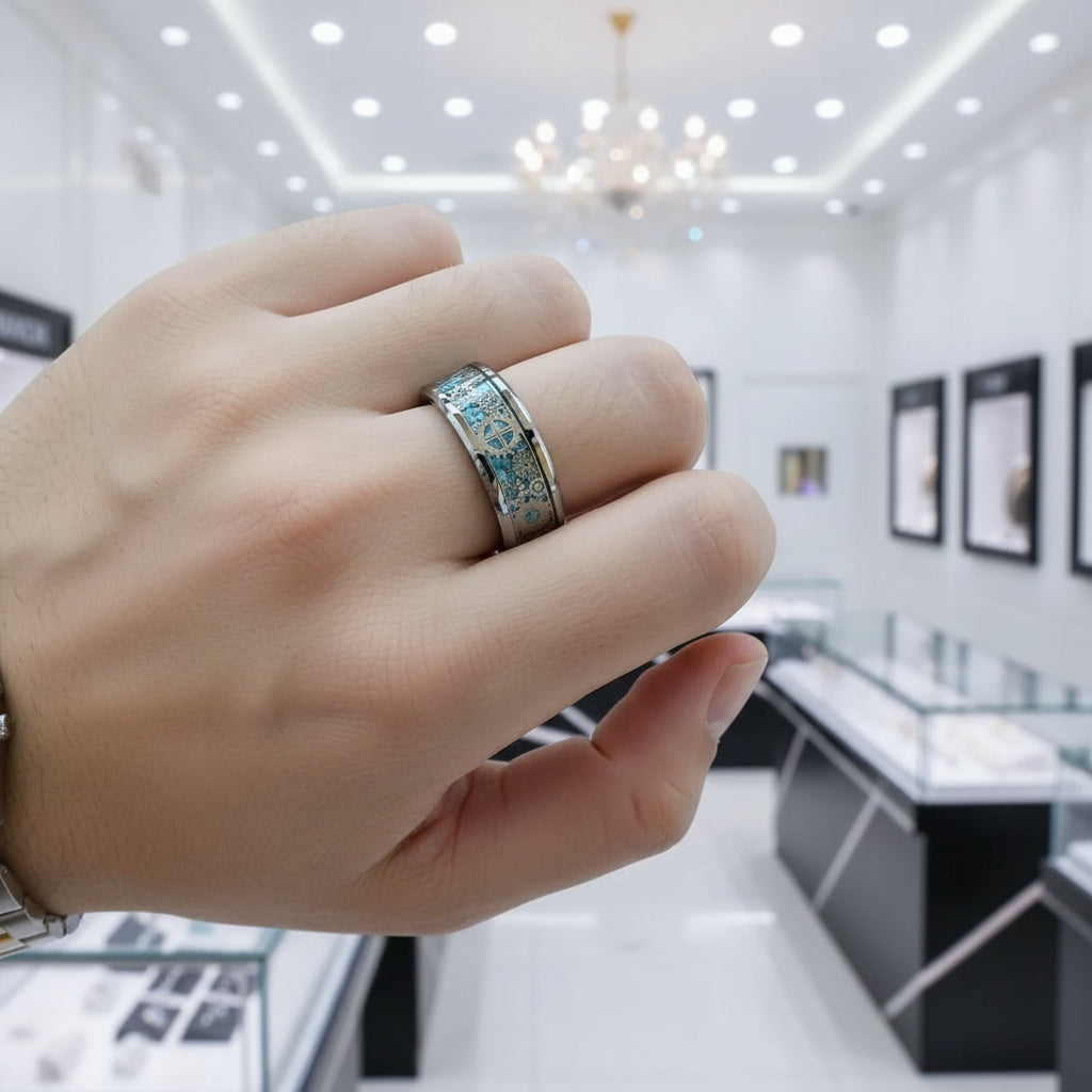 8mm Men's Tungsten Wedding Band with Gear Wheel & Blue Carbon Fiber Inlay-Black Diamonds New York