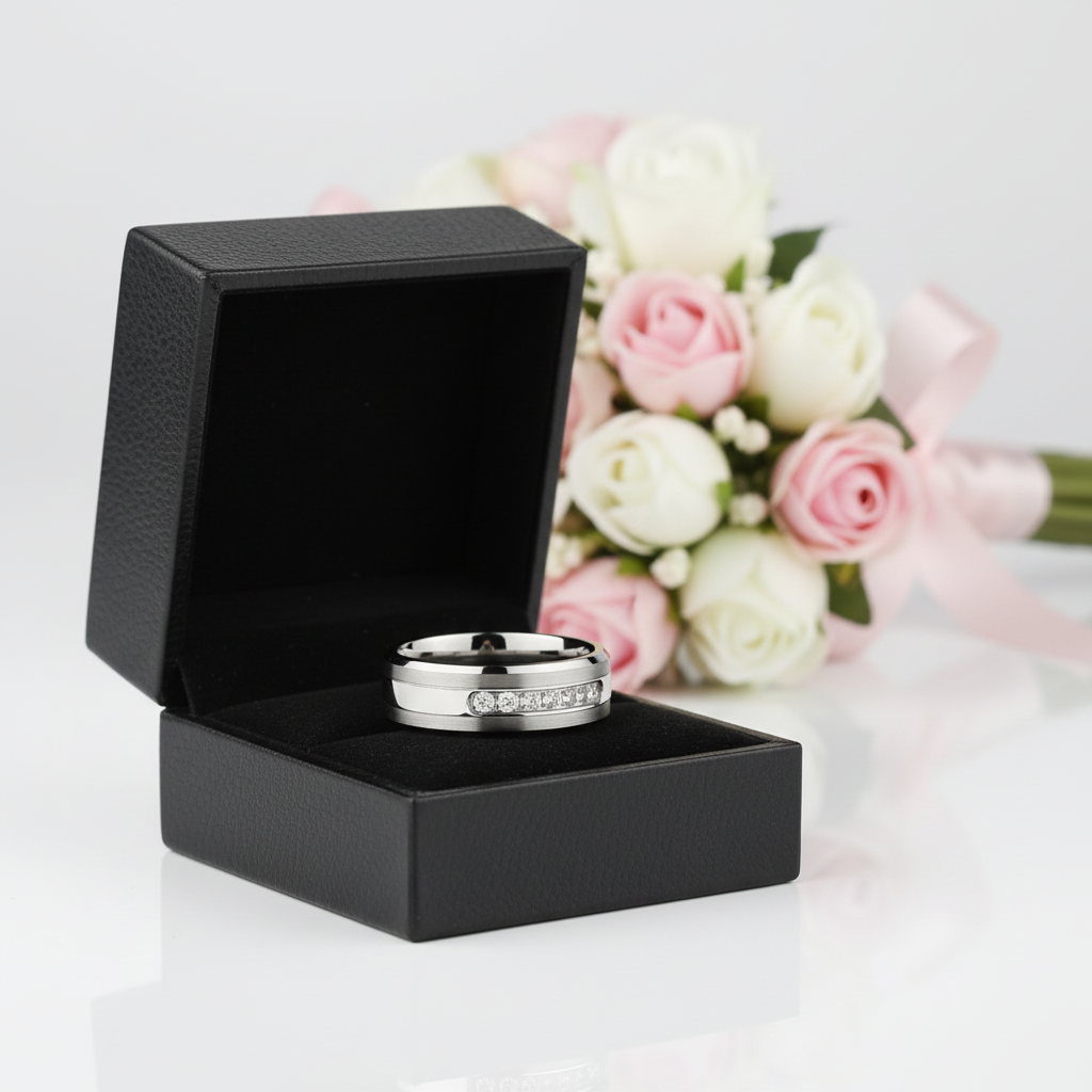 Silver rings in a black box with flowers in the background