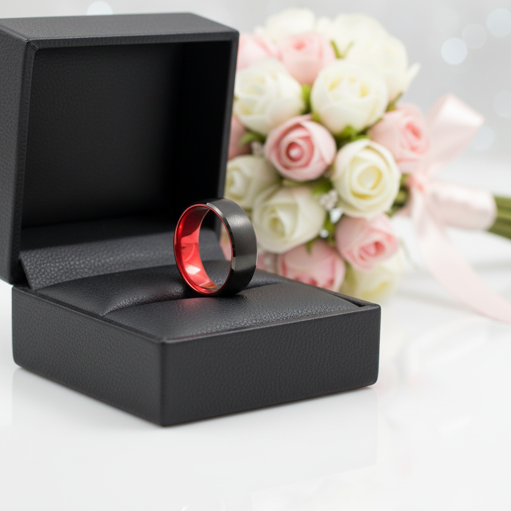 8mm Solid Red Brushed Dome Tungsten Carbide Men's Wedding Band-Black Diamonds New York