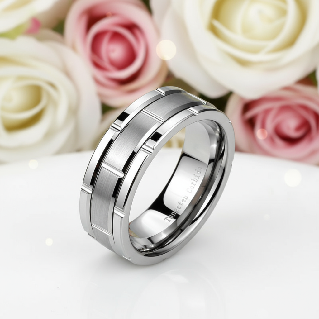 8mm Tungsten Brick Pattern Brushed Ring-Black Diamonds New York