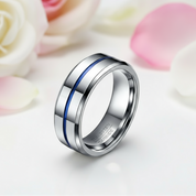 8mm Tungsten Carbide Thin Blue Line Men's Wedding Band-Black Diamonds New York