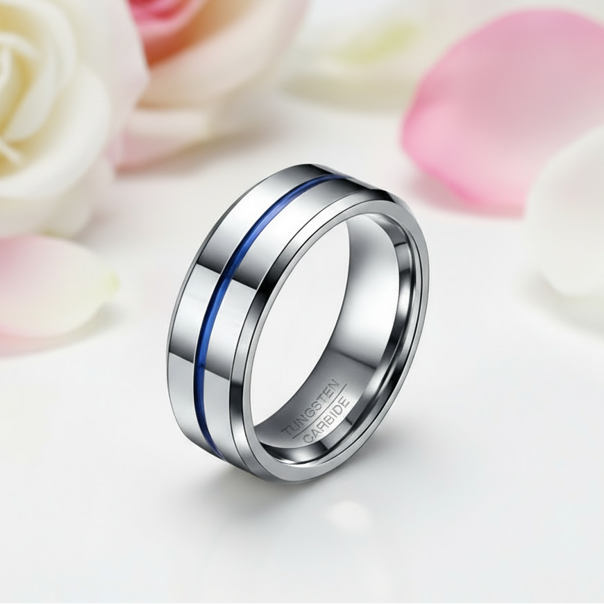 8mm Tungsten Carbide Thin Blue Line Men's Wedding Band-Black Diamonds New York