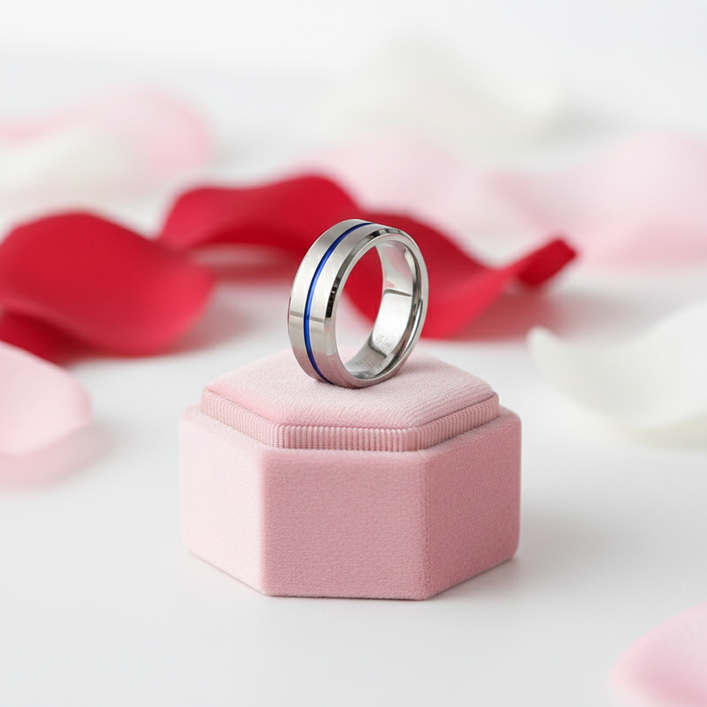 8mm Tungsten Carbide Thin Blue Line Men's Wedding Band-Black Diamonds New York