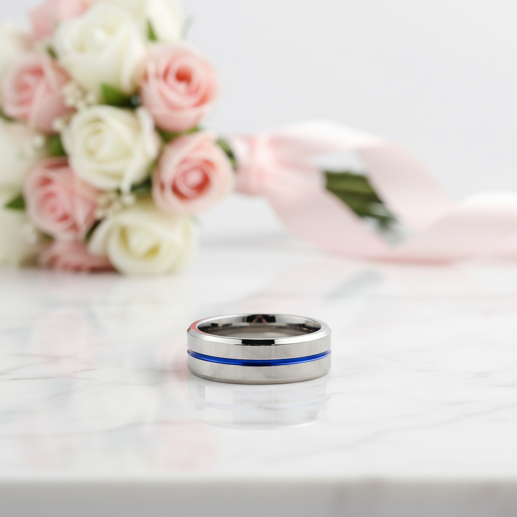 8mm Tungsten Carbide Thin Blue Line Men's Wedding Band-Black Diamonds New York