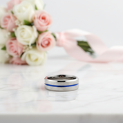 8mm Tungsten Carbide Thin Blue Line Men's Wedding Band-Black Diamonds New York