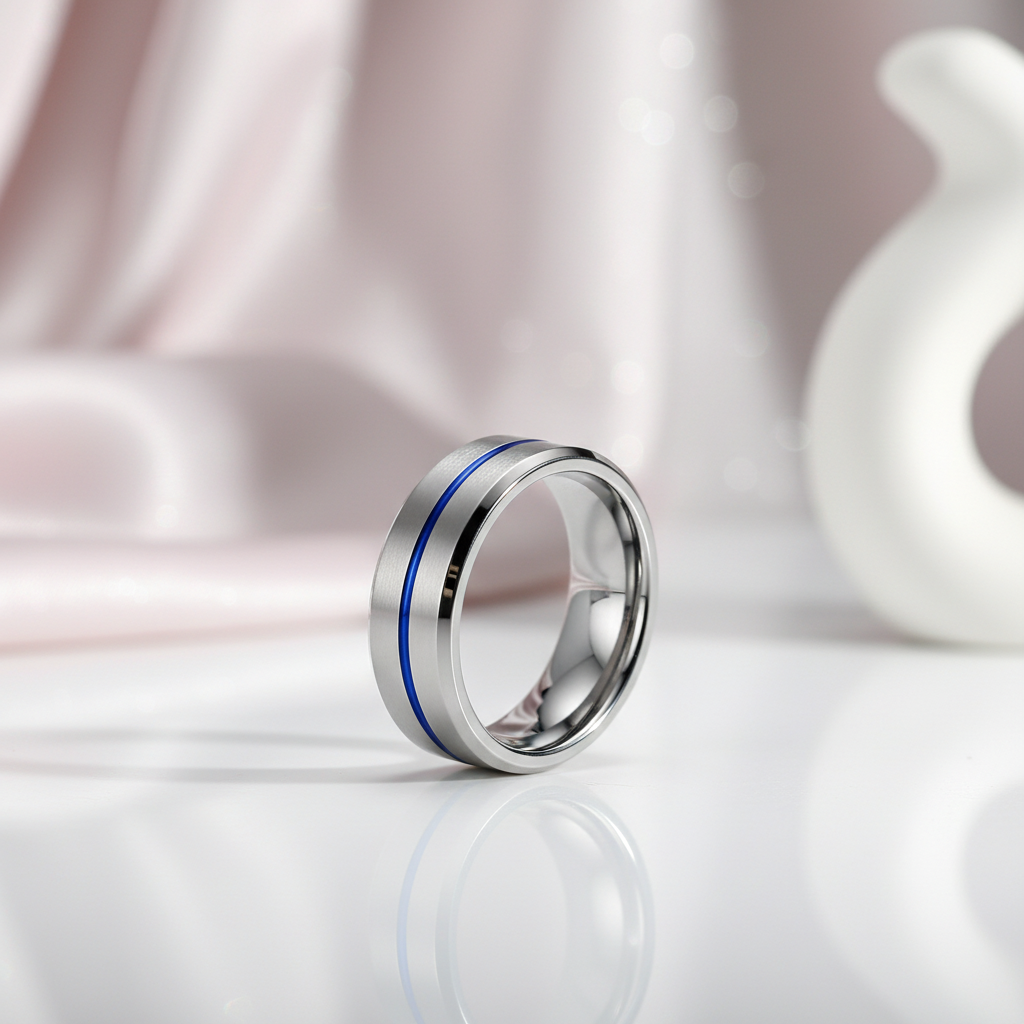 8mm Tungsten Carbide Thin Blue Line Men's Wedding Band-Black Diamonds New York