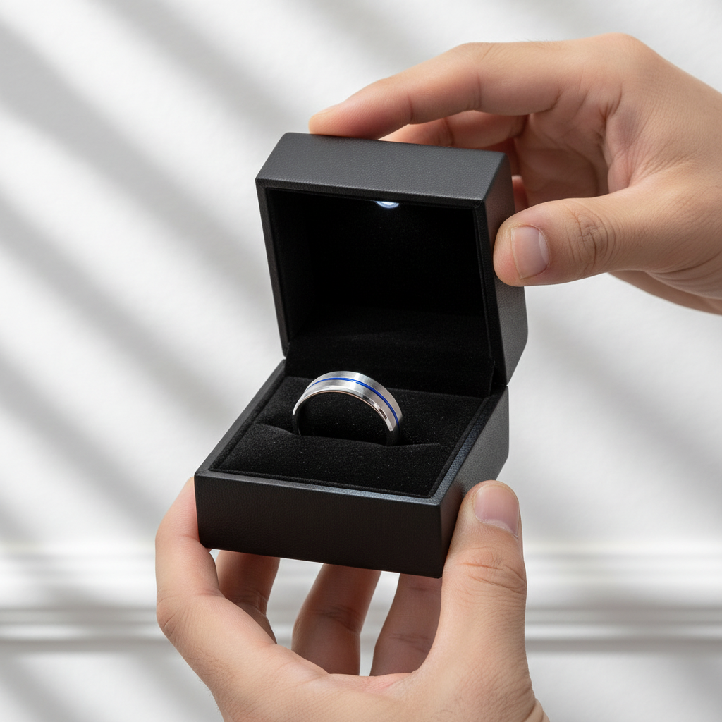 8mm Tungsten Carbide Thin Blue Line Men's Wedding Band-Black Diamonds New York