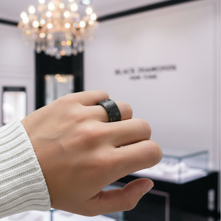 8mm Tungsten Carbide Wedding Band with Engraved Deer-Black Diamonds New York