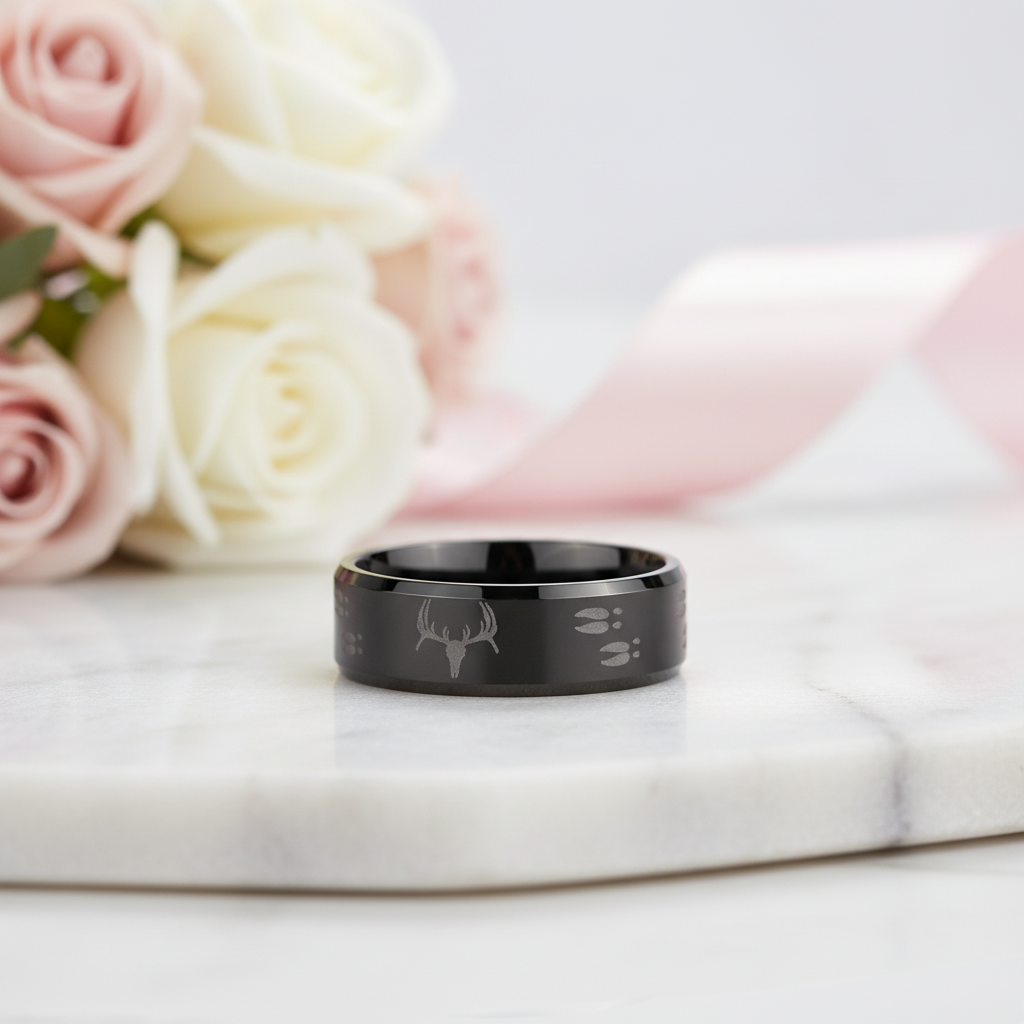 8mm Tungsten Carbide Wedding Band with Engraved Deer-Black Diamonds New York
