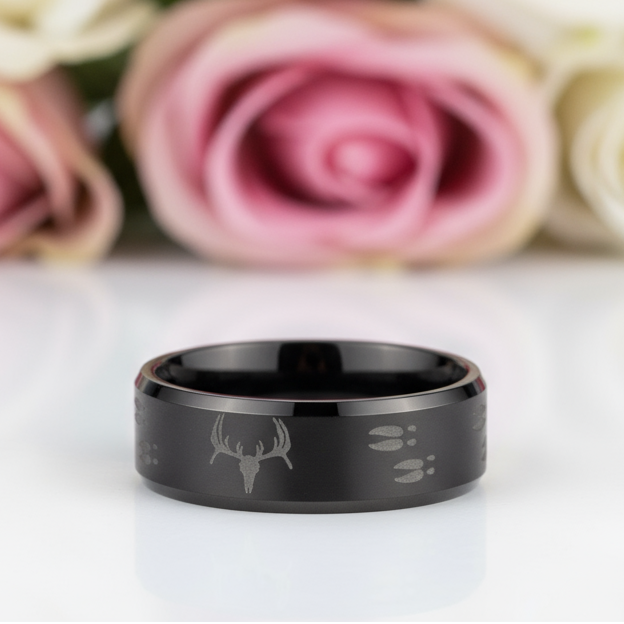 8mm Tungsten Carbide Wedding Band with Engraved Deer-Black Diamonds New York