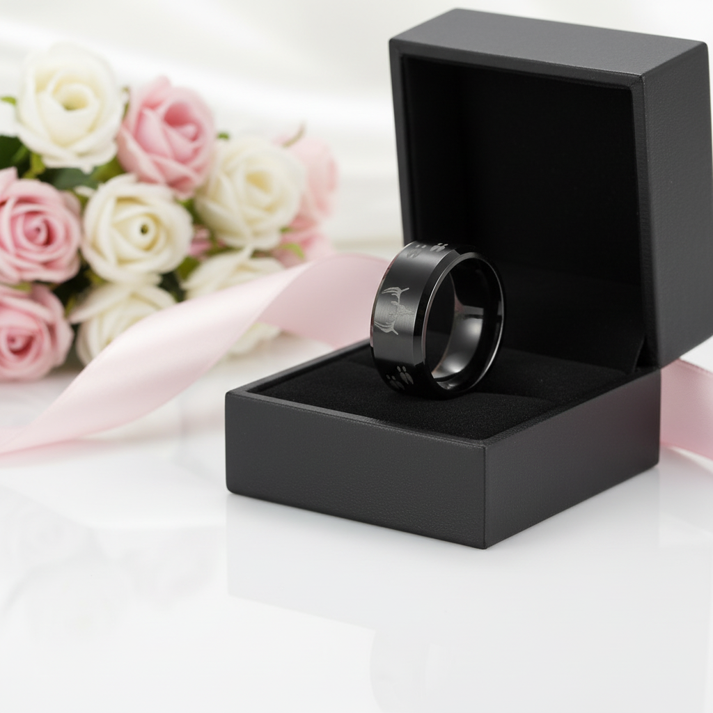 8mm Tungsten Carbide Wedding Band with Engraved Deer-Black Diamonds New York
