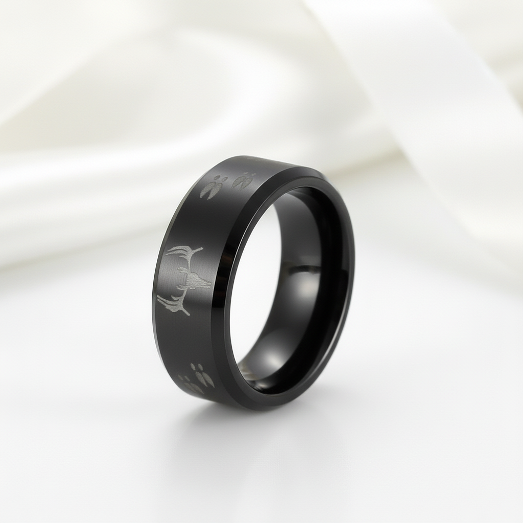 8mm Tungsten Carbide Wedding Band with Engraved Deer-Black Diamonds New York