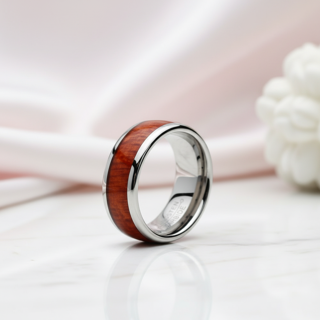 8mm Tungsten Carbide with Wood Inlay Men's Wedding Band-Black Diamonds New York