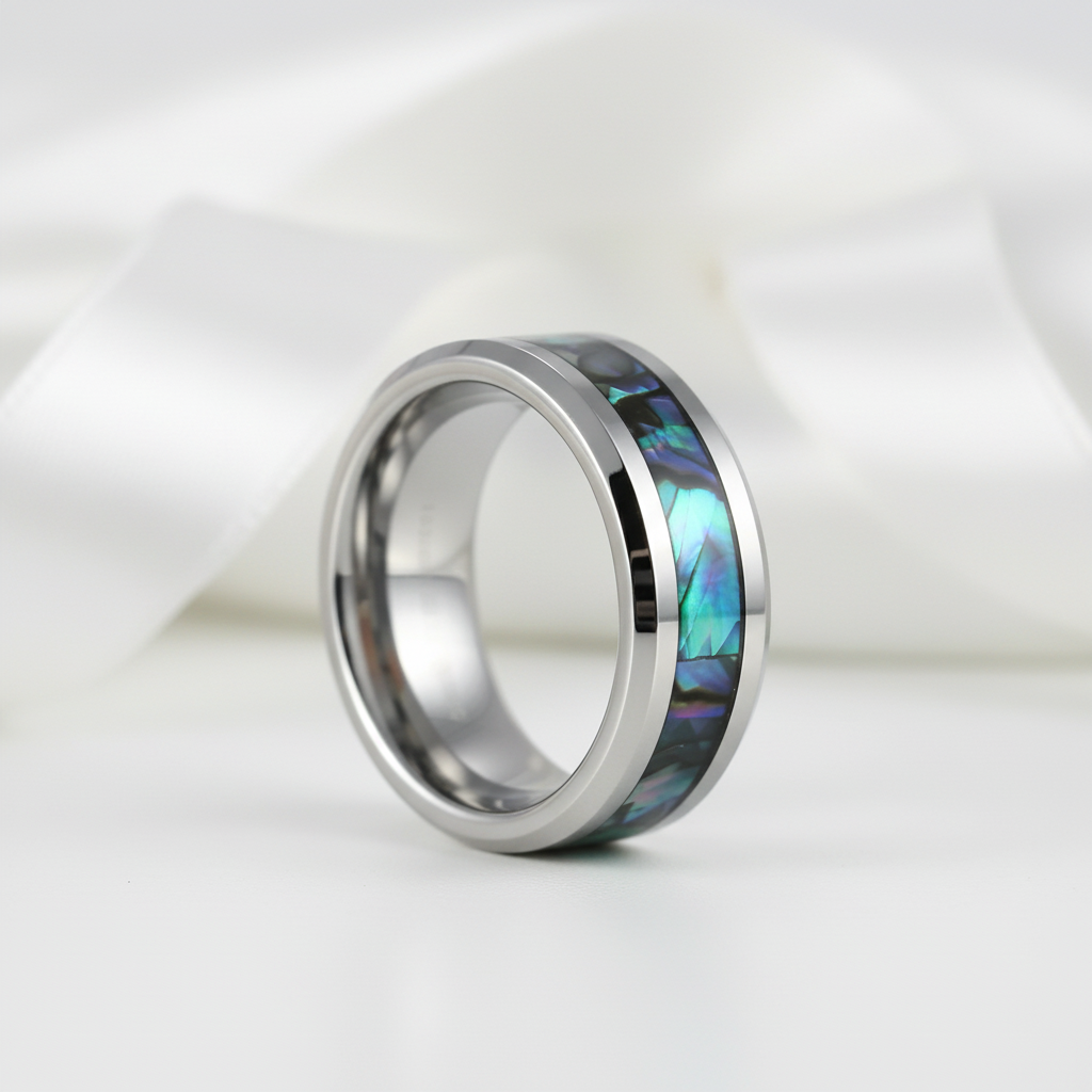 8mm Tungsten Wedding Band with Abalone Shell-Black Diamonds New York