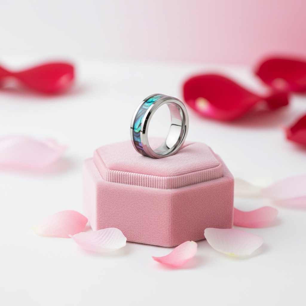 8mm Tungsten Wedding Band with Abalone Shell-Black Diamonds New York