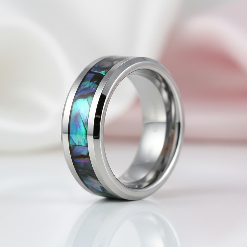 8mm Tungsten Wedding Band with Abalone Shell-Black Diamonds New York