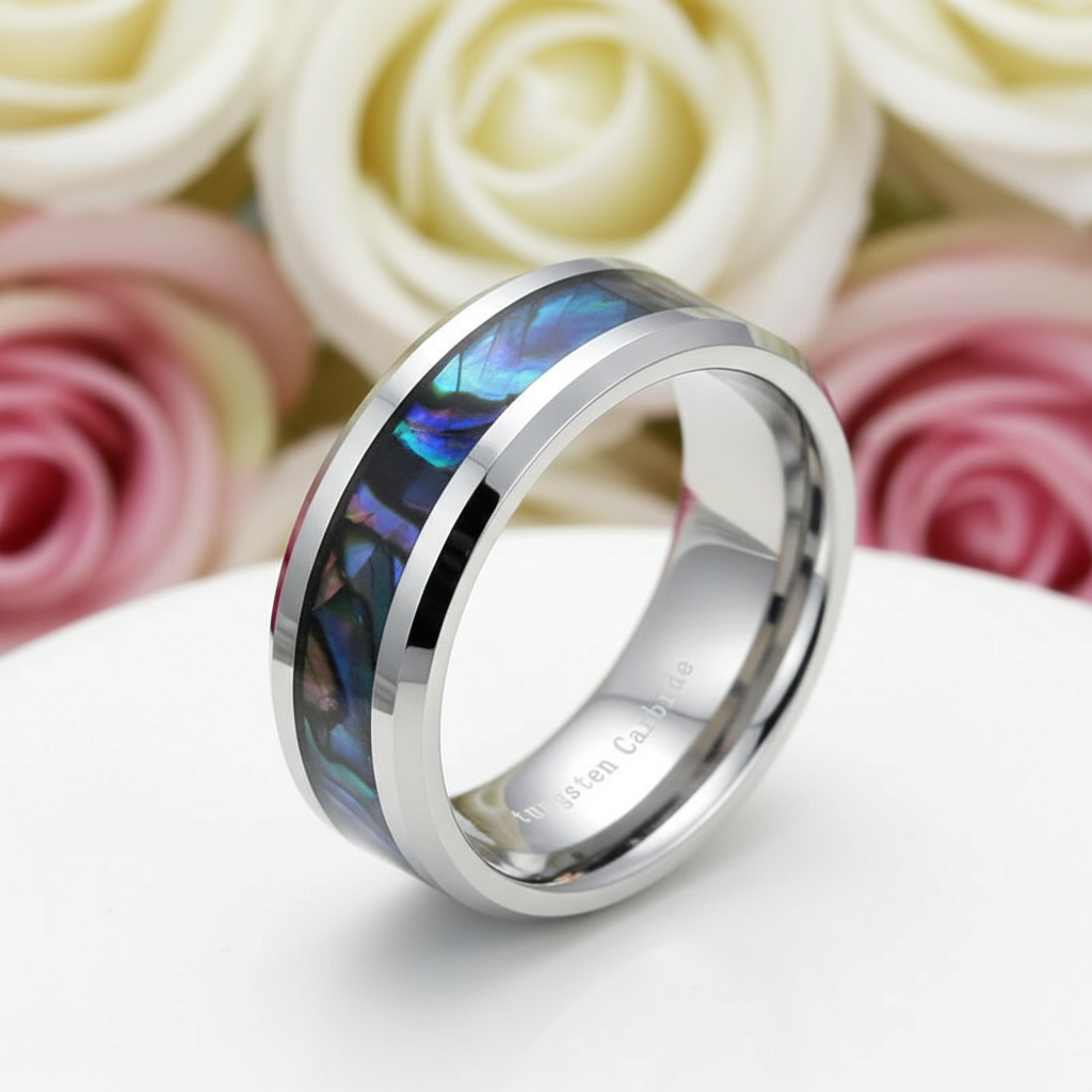 8mm Tungsten Wedding Band with Abalone Shell-Black Diamonds New York