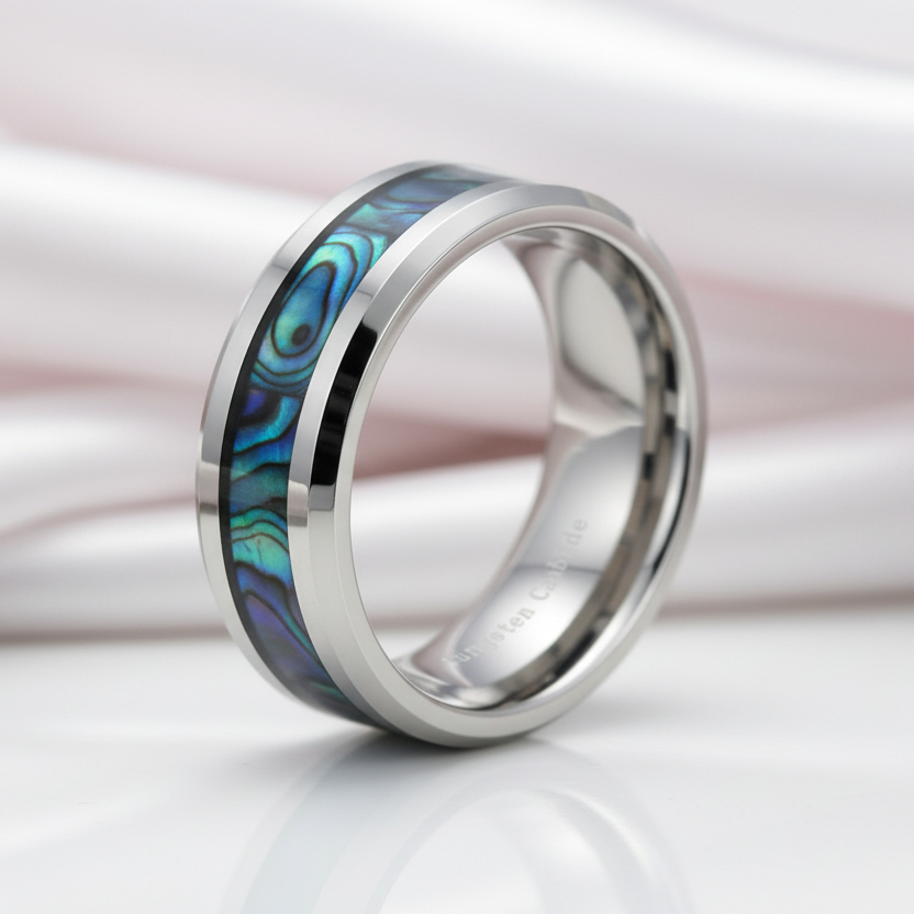 8mm Tungsten Wedding Band with Abalone Shell-Black Diamonds New York
