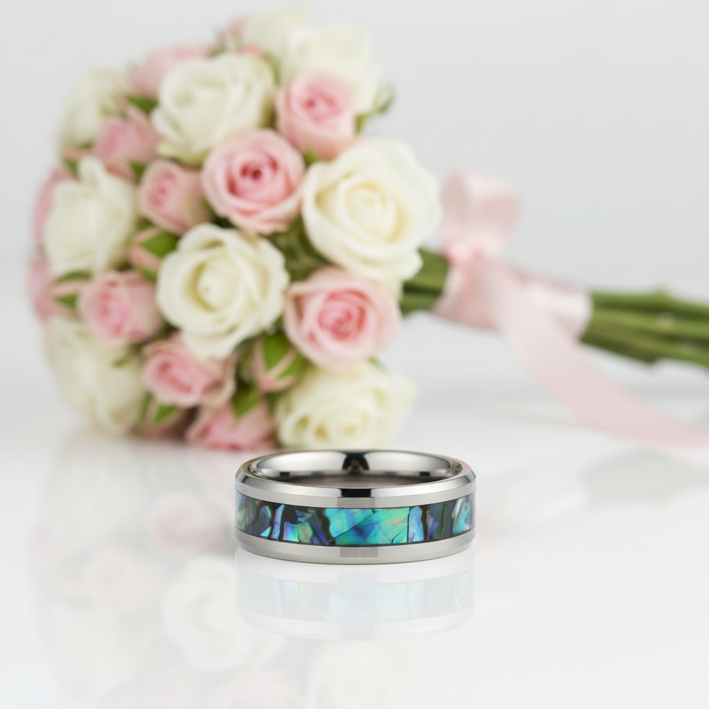 8mm Tungsten Wedding Band with Abalone Shell-Black Diamonds New York