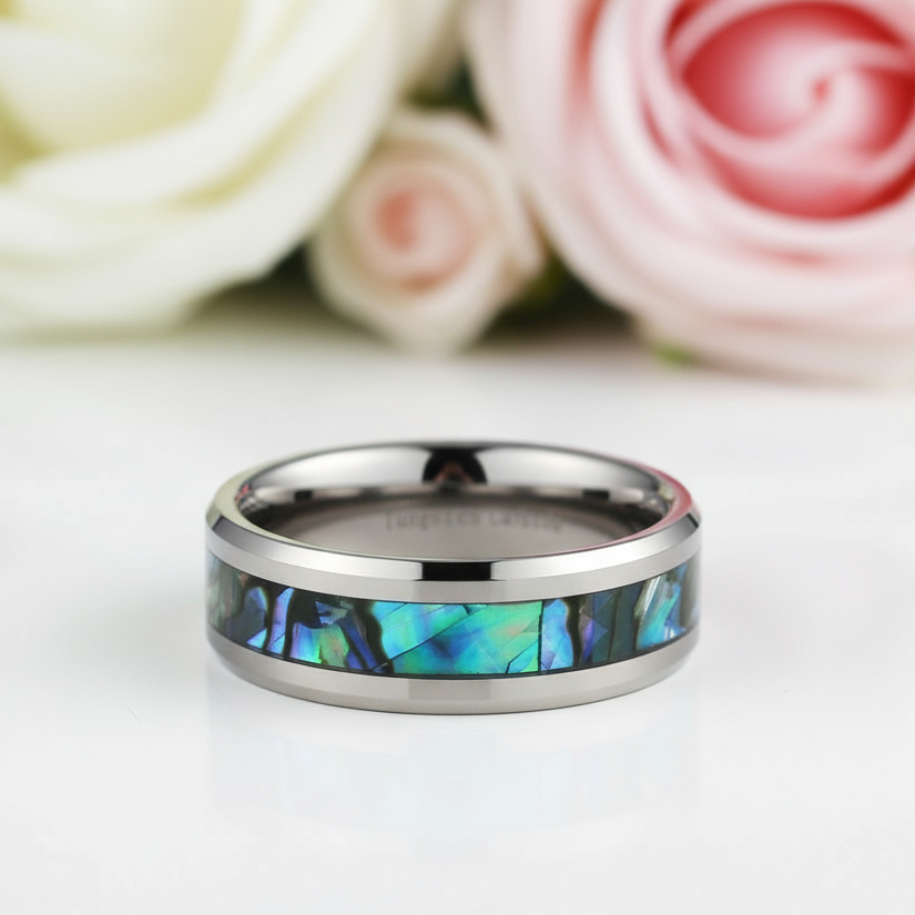 8mm Tungsten Wedding Band with Abalone Shell-Black Diamonds New York