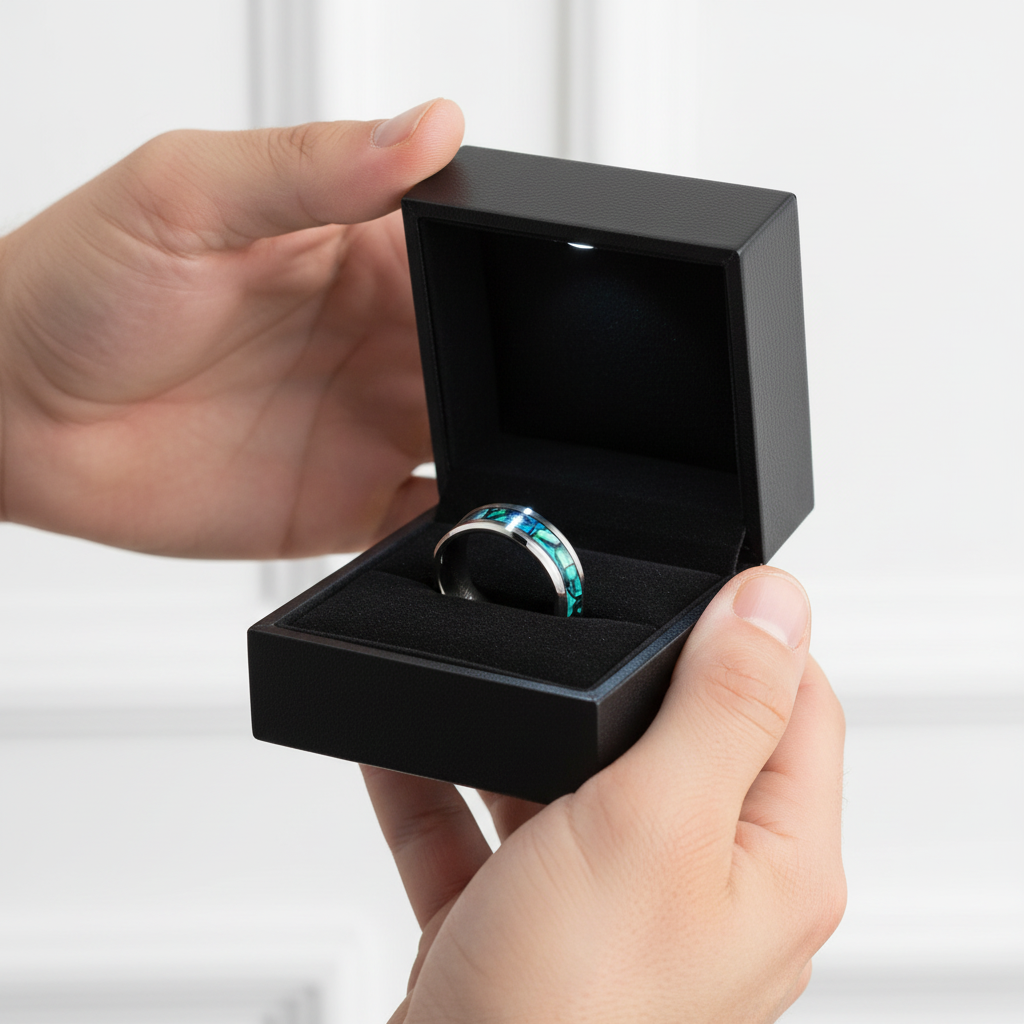 8mm Tungsten Wedding Band with Abalone Shell-Black Diamonds New York