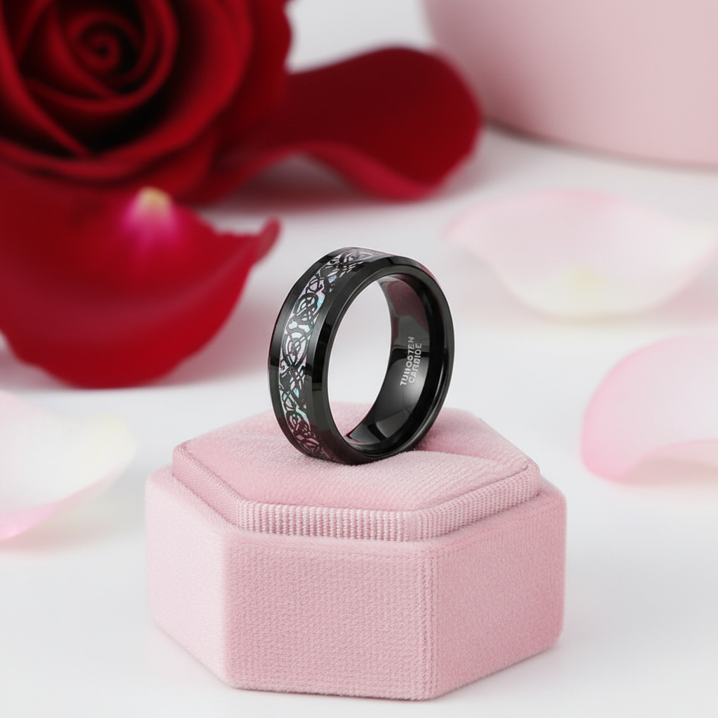 8mm Tungsten Wedding Band with Celtic Dragon Inlay-Black Diamonds New York