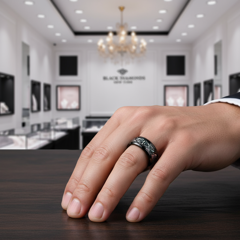 8mm Tungsten Wedding Band with Celtic Dragon Inlay-Black Diamonds New York