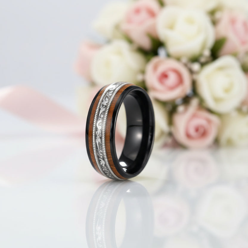 8mm Tungsten Wedding Band with Whiskey Wood Barrel & Aluminum Dross Inlay-Black Diamonds New York