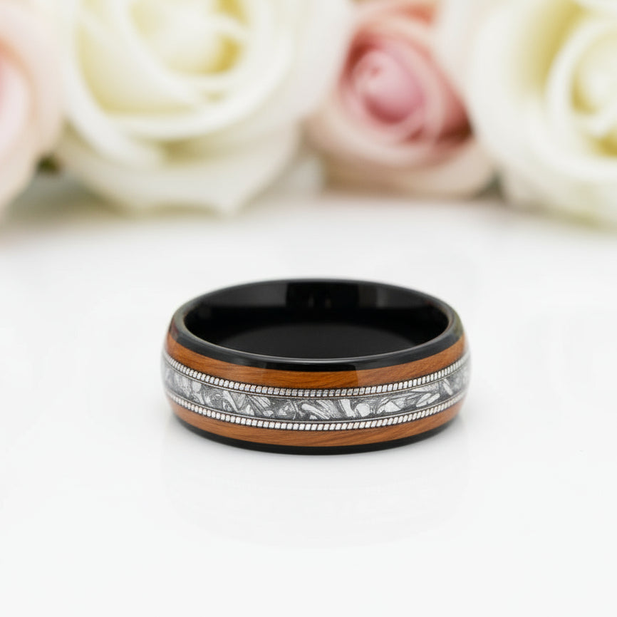8mm Tungsten Wedding Band with Whiskey Wood Barrel & Aluminum Dross Inlay-Black Diamonds New York