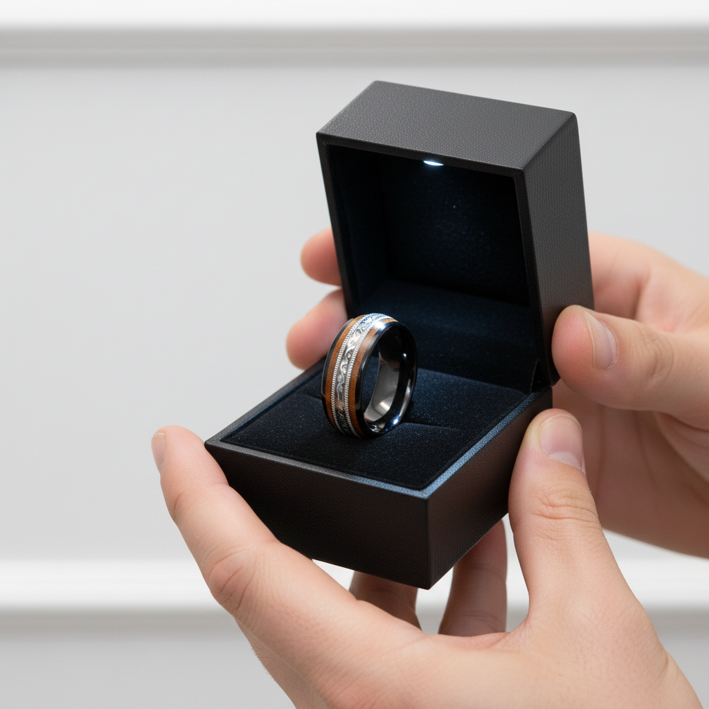 8mm Tungsten Wedding Band with Whiskey Wood Barrel & Aluminum Dross Inlay-Black Diamonds New York