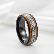 8mm Tungsten Wedding Band with Whiskey Wood Barrel & Aluminum Dross Inlay-Black Diamonds New York