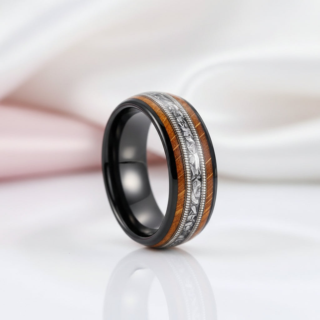 8mm Tungsten Wedding Band with Whiskey Wood Barrel & Aluminum Dross Inlay-Black Diamonds New York