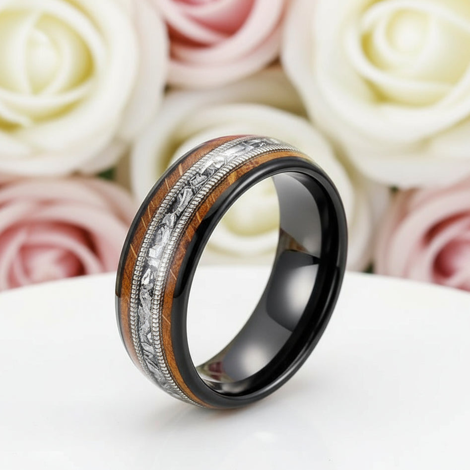 8mm Tungsten Wedding Band with Whiskey Wood Barrel & Aluminum Dross Inlay-Black Diamonds New York