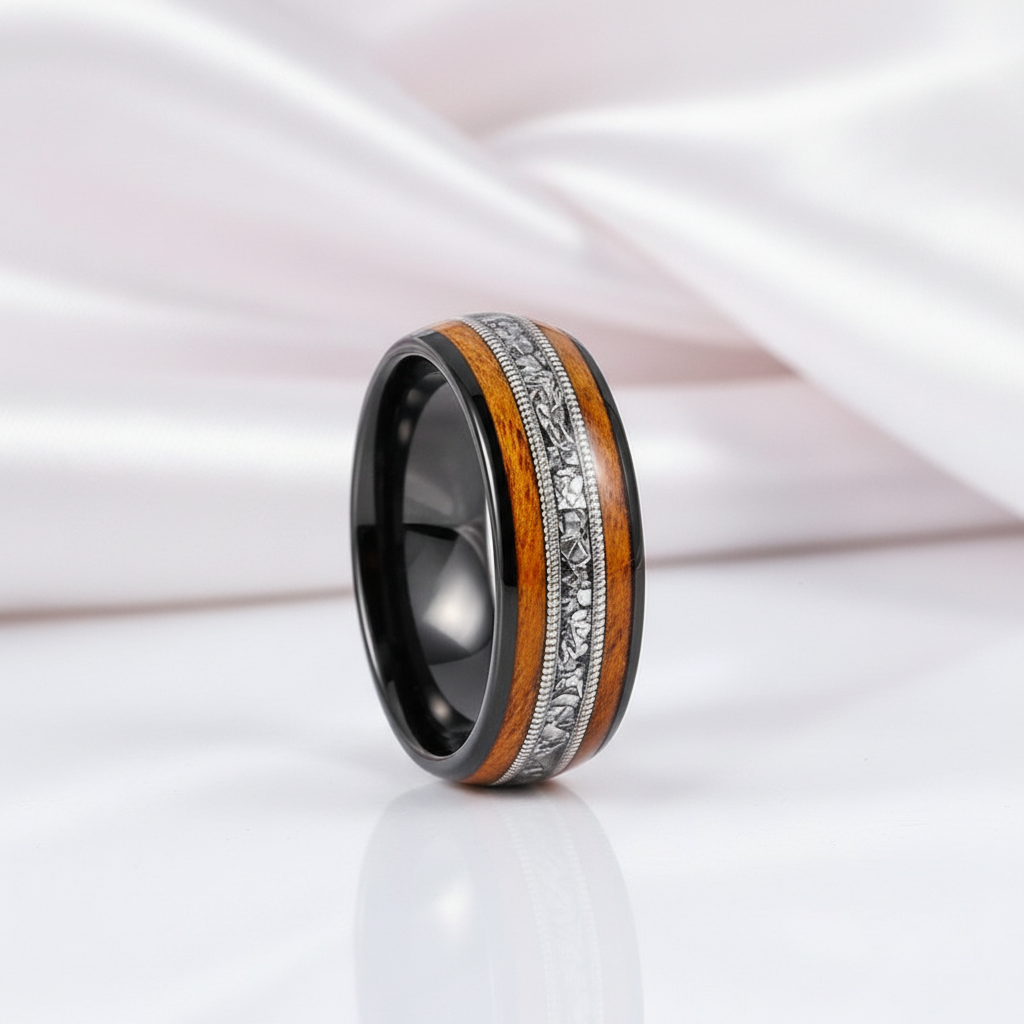 8mm Tungsten Wedding Band with Whiskey Wood Barrel & Aluminum Dross Inlay-Black Diamonds New York