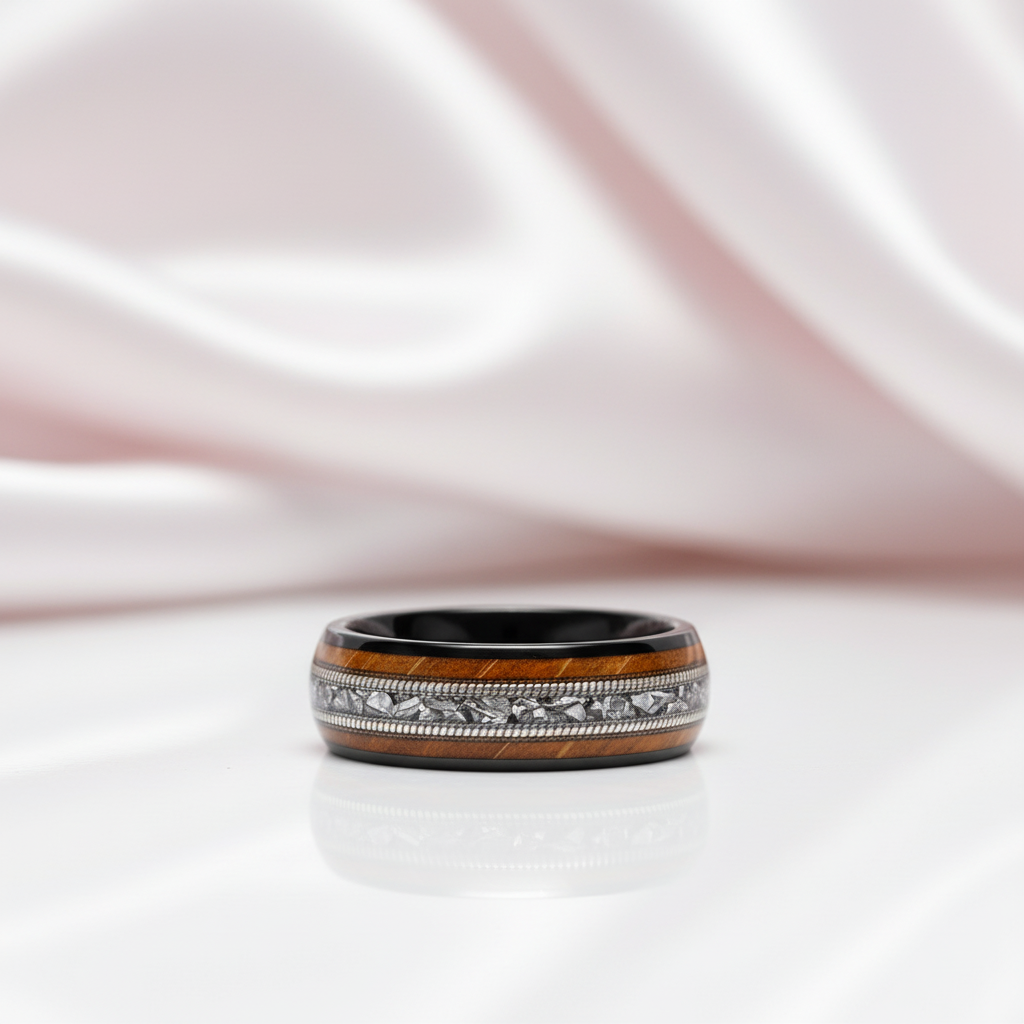 8mm Tungsten Wedding Band with Whiskey Wood Barrel & Aluminum Dross Inlay-Black Diamonds New York