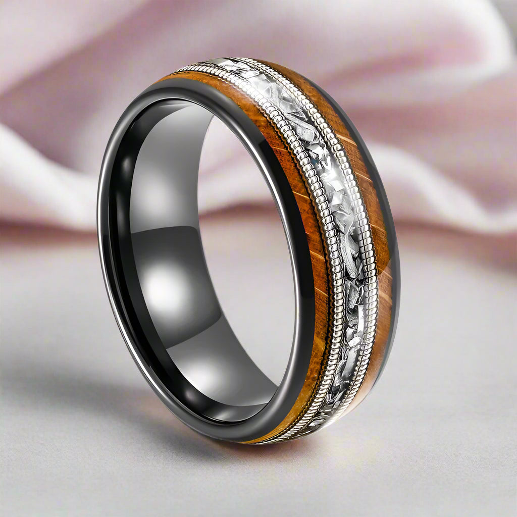 8mm Tungsten Wedding Band with Whiskey Wood Barrel & Aluminum Dross Inlay-Black Diamonds New York