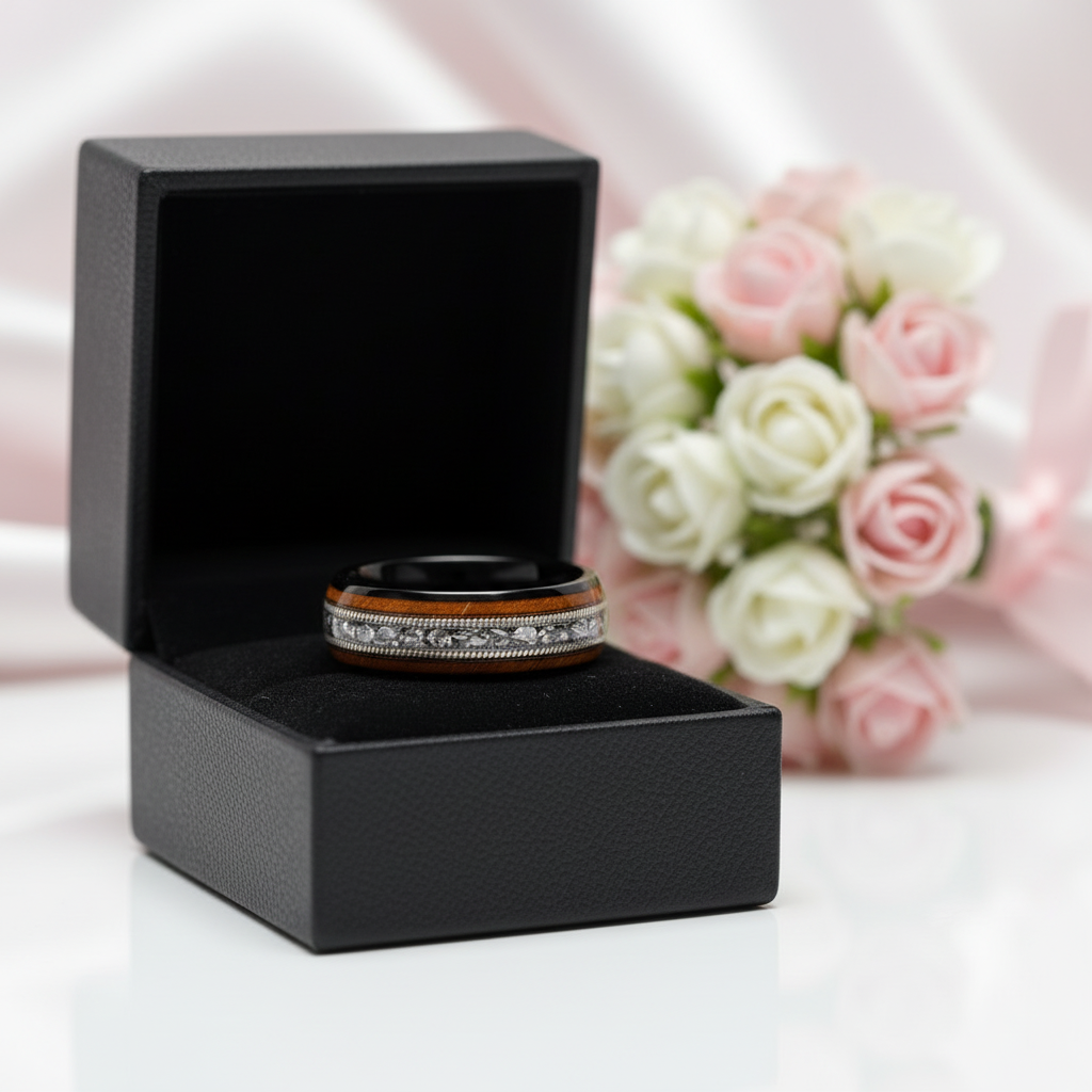 8mm Tungsten Wedding Band with Whiskey Wood Barrel & Aluminum Dross Inlay-Black Diamonds New York