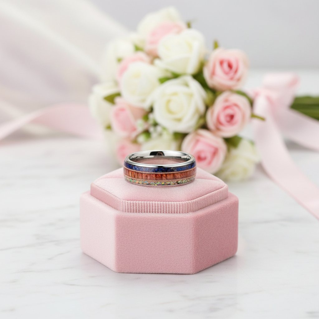 8mm Tungsten Wood & Opal Men's Wedding Band-Black Diamonds New York