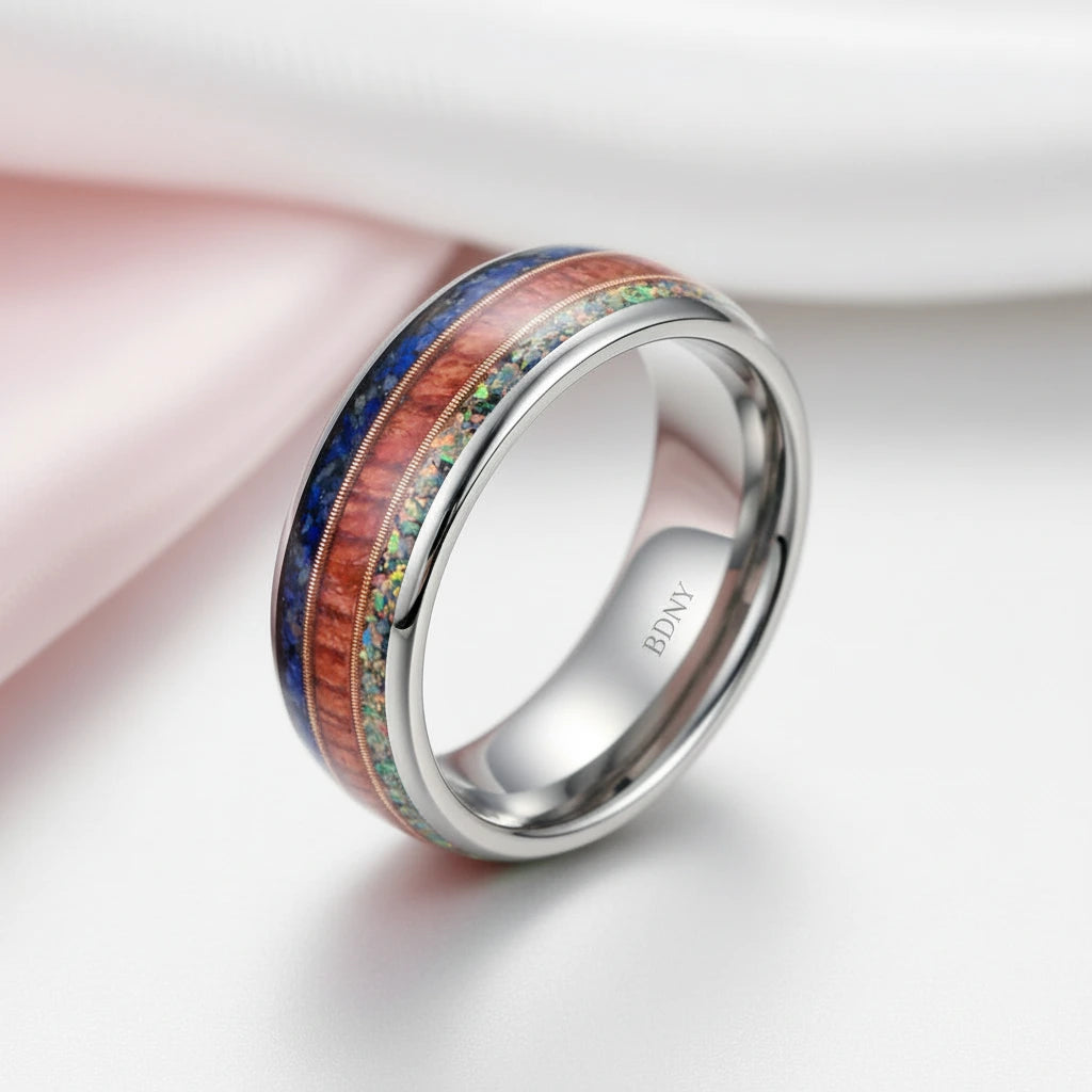 8mm Tungsten Wood & Opal Men's Wedding Band-Black Diamonds New York