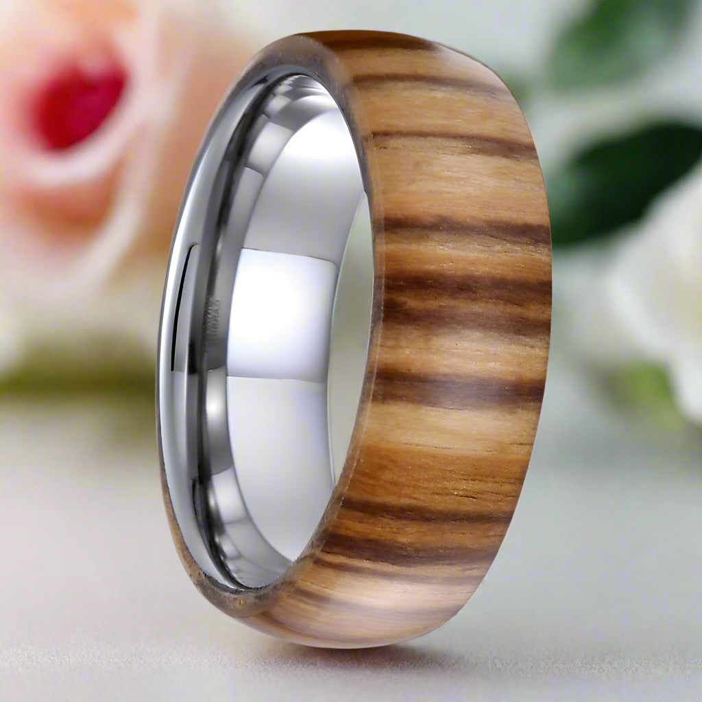 8mm Wood Inlaid Tungsten Carbide Men's Wedding Band-Black Diamonds New York