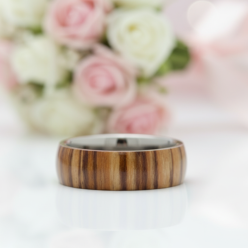 8mm Wood Inlaid Tungsten Carbide Men's Wedding Band-Black Diamonds New York