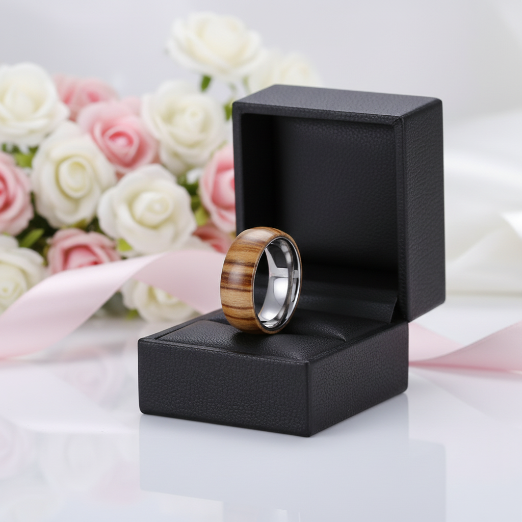 8mm Wood Inlaid Tungsten Carbide Men's Wedding Band-Black Diamonds New York