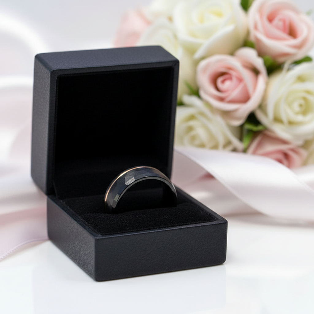 8mm Black Faceted Tungsten Carbide with Rose Gold Line-Black Diamonds New York