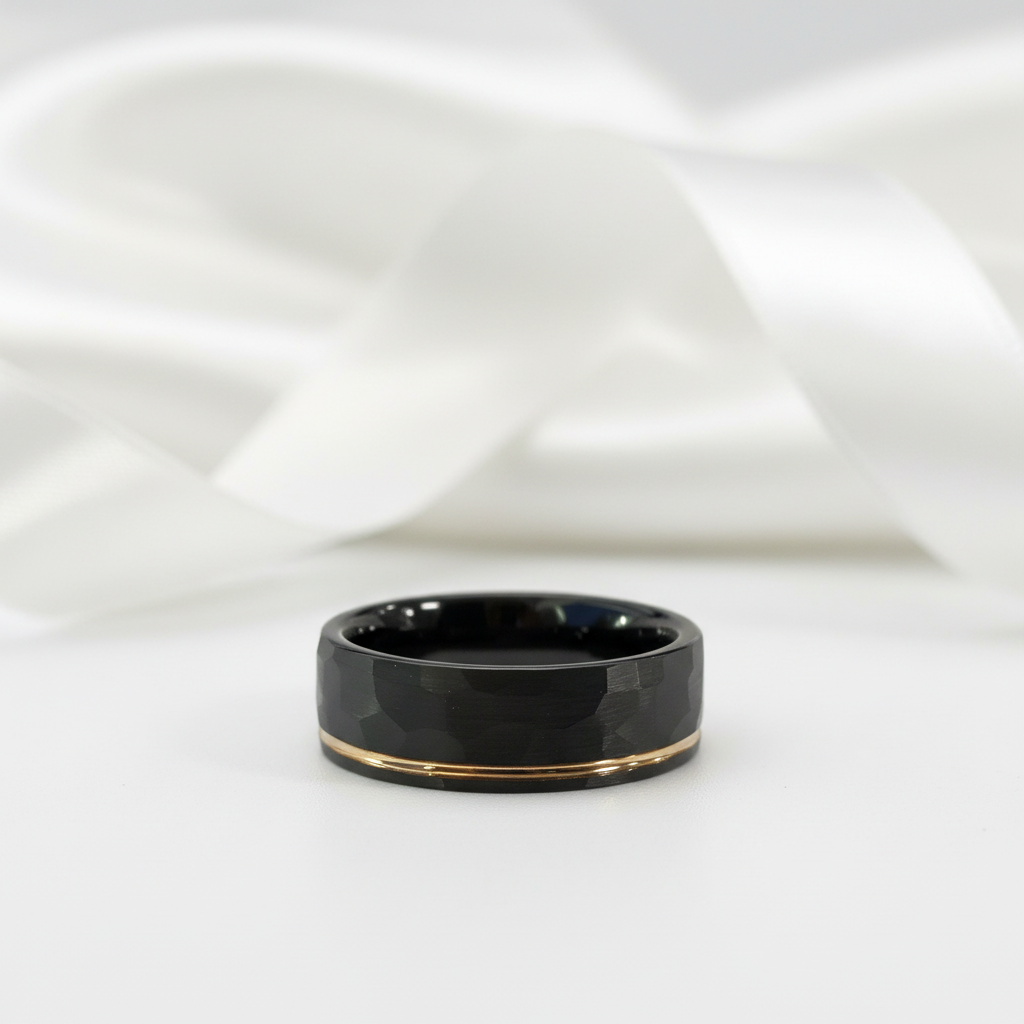 8mm Black Faceted Tungsten Carbide with Rose Gold Line-Black Diamonds New York