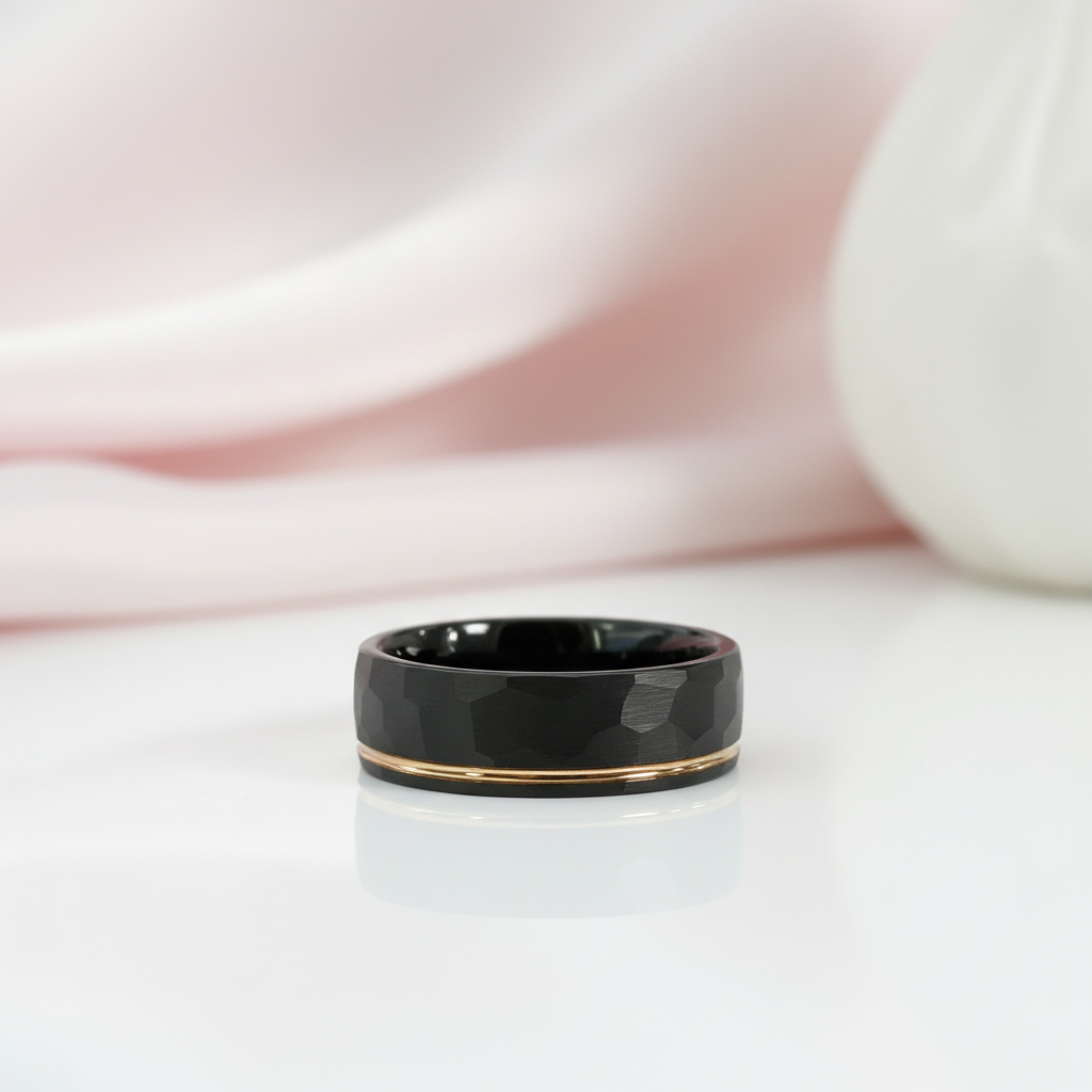 8mm Black Faceted Tungsten Carbide with Rose Gold Line-Black Diamonds New York